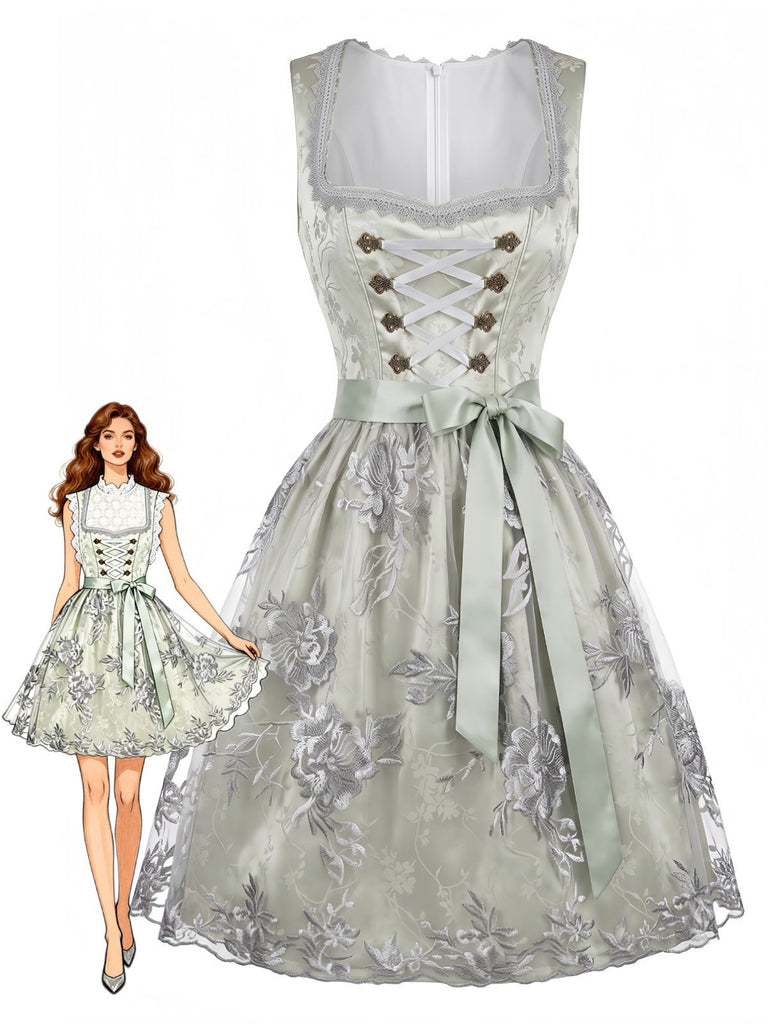 Light Blue 1950s Square Neck Floral Lace-Up Dress with Apron