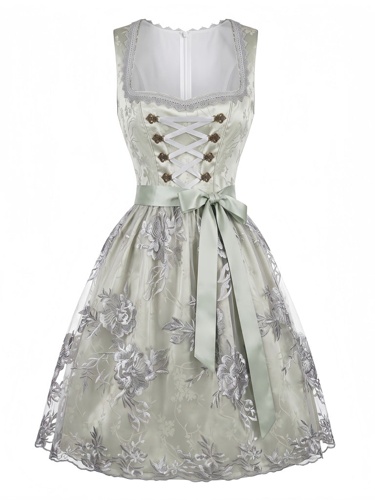 Light Blue 1950s Square Neck Floral Lace-Up Dress with Apron