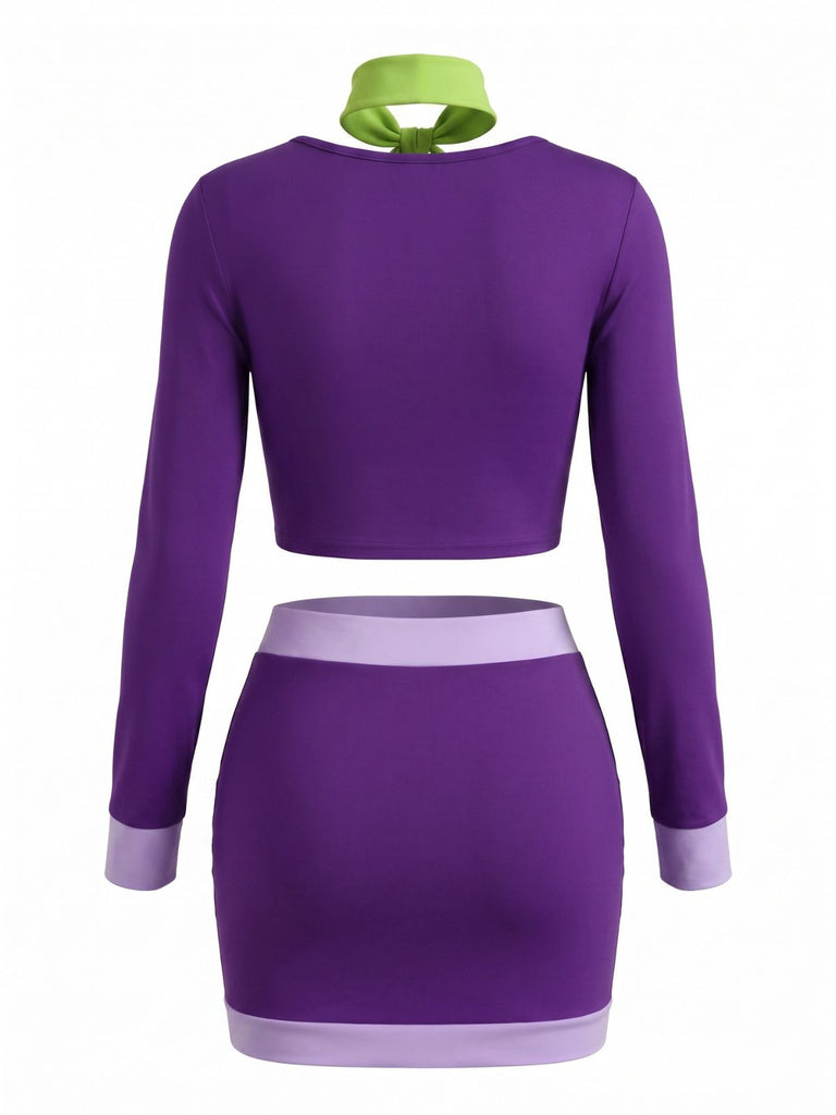 2PCS Purple 1960s Color Block Tie Neck Costume Set