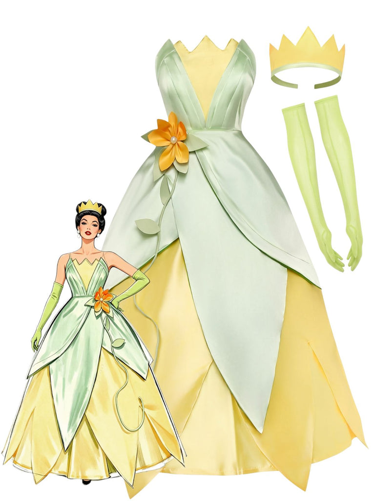 1950s Satin Fairy Green Leaf Petal Princess Costume Dress Set