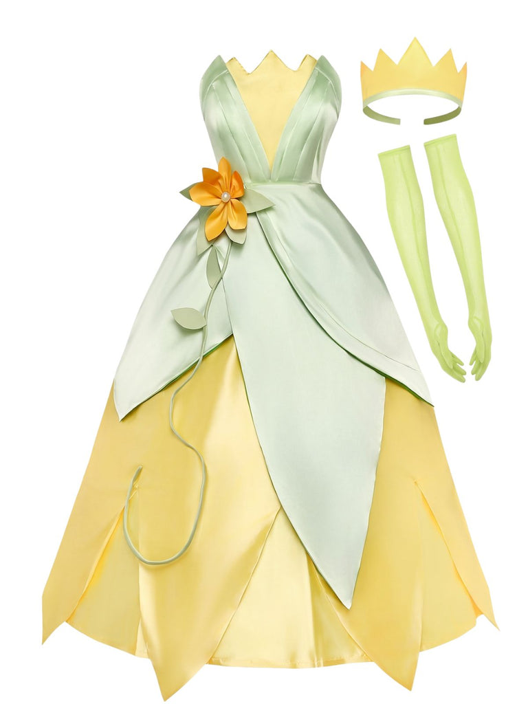 1950s Satin Fairy Green Leaf Petal Princess Costume Dress Set