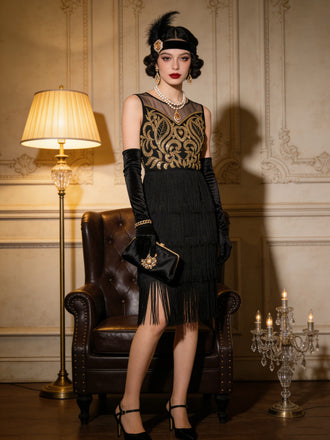 Black & Gold 1920s Beaded Sequin Fringe Flapper Dress