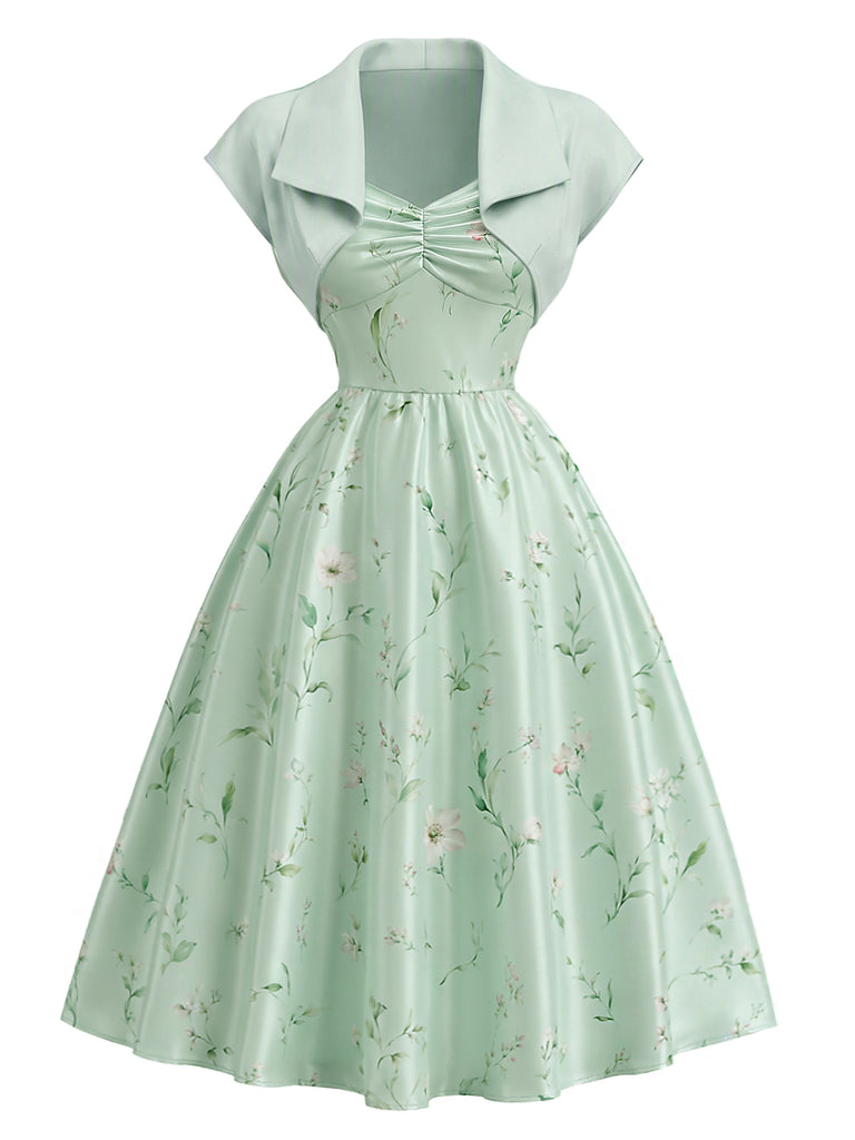 2PCS 1940s Sweetheart Satin Floral Dress With Bolero Jacket