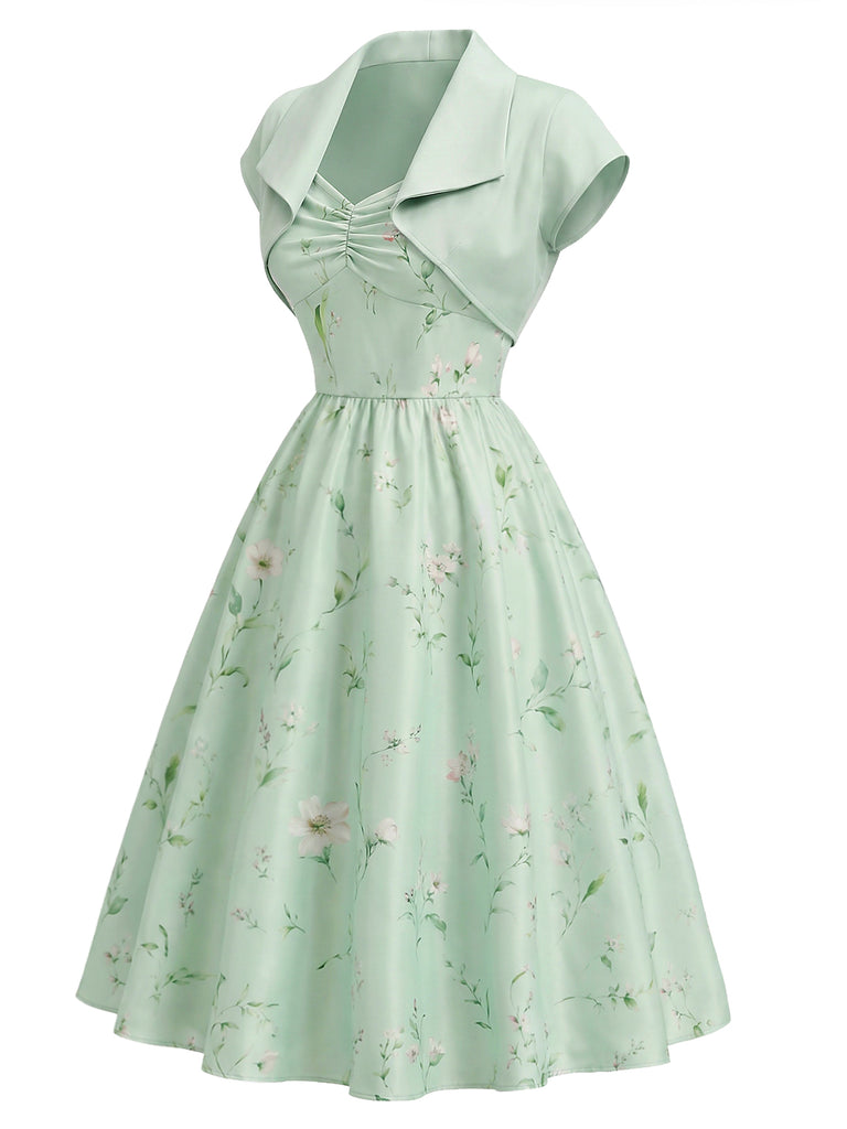 2PCS 1940s Sweetheart Satin Floral Dress With Bolero Jacket