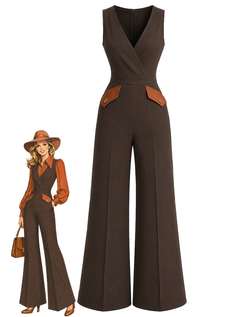 [Pre-Sale] Dark Brown 1930s V-Neck Sleeveless Pocket Wide Leg Jumpsuit