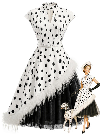 [Pre-Sale] Black & White 1950s Spotted Feather Trim Belted Dress