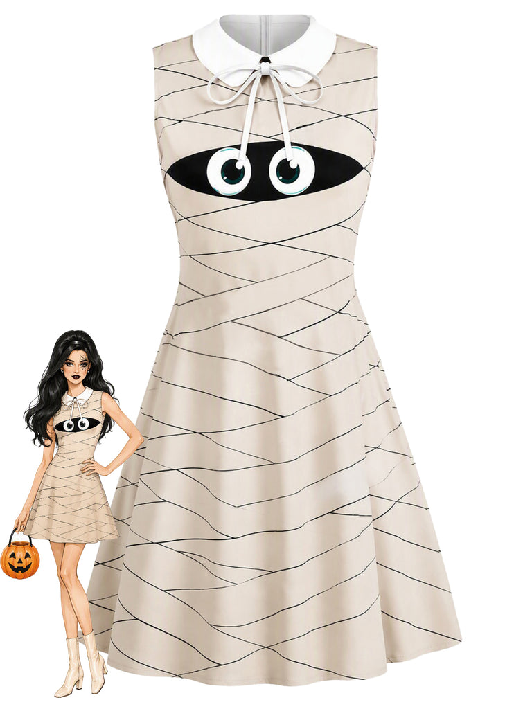 Beige 1960s Halloween Mummy Peter Pan Collar Sleeveless Dress