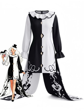 Black & White 1950s Halloween Horror Clown Ruffle-Collar Dress