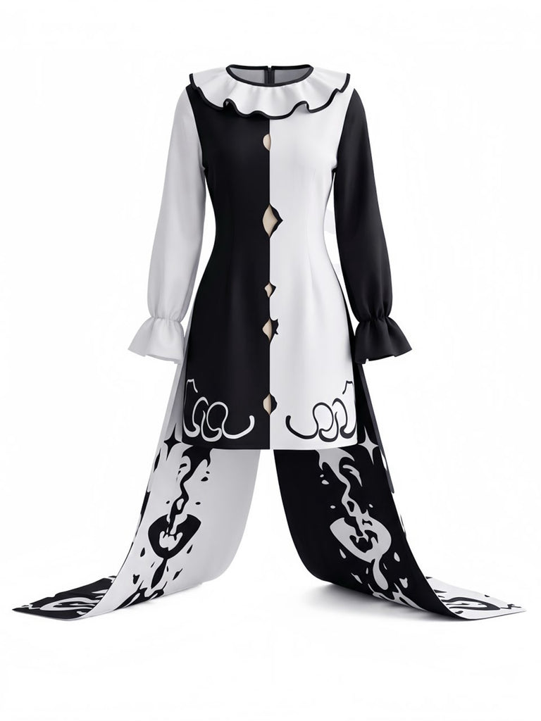 Black & White 1950s Halloween Horror Clown Ruffle-Collar Dress