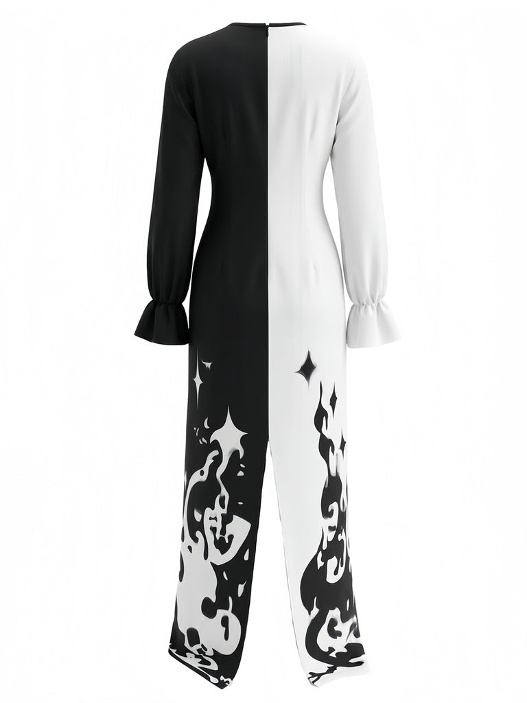Black & White 1950s Halloween Horror Clown Ruffle-Collar Dress