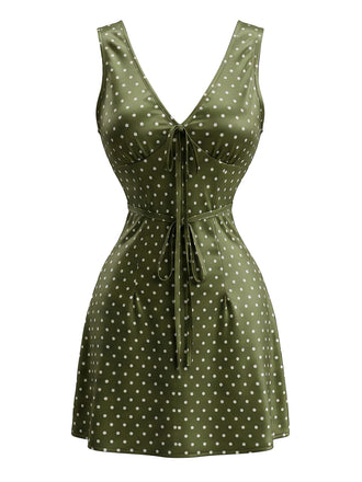 Chartreuse 1970s Satin V Neck Dress 1