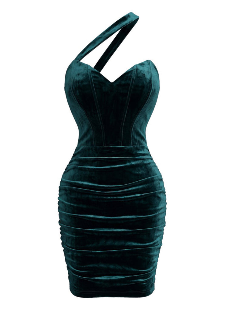 1960s Velvet One-Shoulder Ruched Bodycon Dress