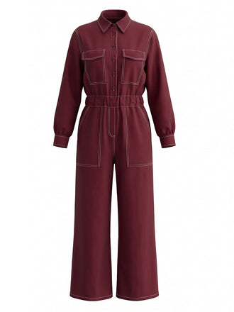Dark Red 1980s Long Sleeve Wide Leg Jumpsuit 1