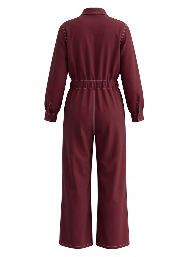 Dark Red 1980s Long Sleeve Wide Leg Jumpsuit 2