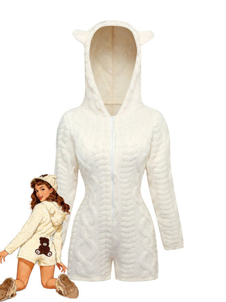 1980s Teddy Bear Embroidered Fleece Hooded Romper
