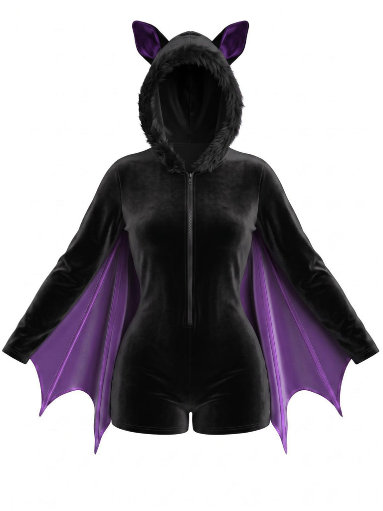 [Pre-Sale] Purple 1960s Halloween Bat Wing Hooded Velvet Romper