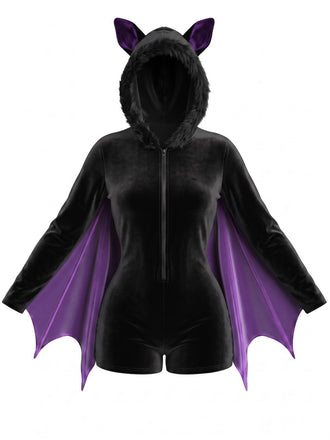 [Pre-Sale] Purple 1960s Halloween Bat Wing Hooded Velvet Romper