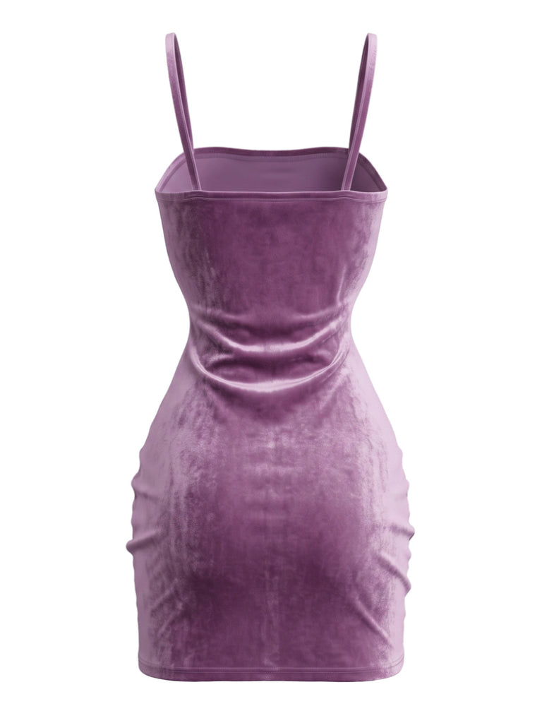 Violet 1960s Square Neck Ruched Velvet Bodycon Dress