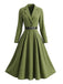 Olive Green 1950s Lapel Long-Sleeve Belted Dress