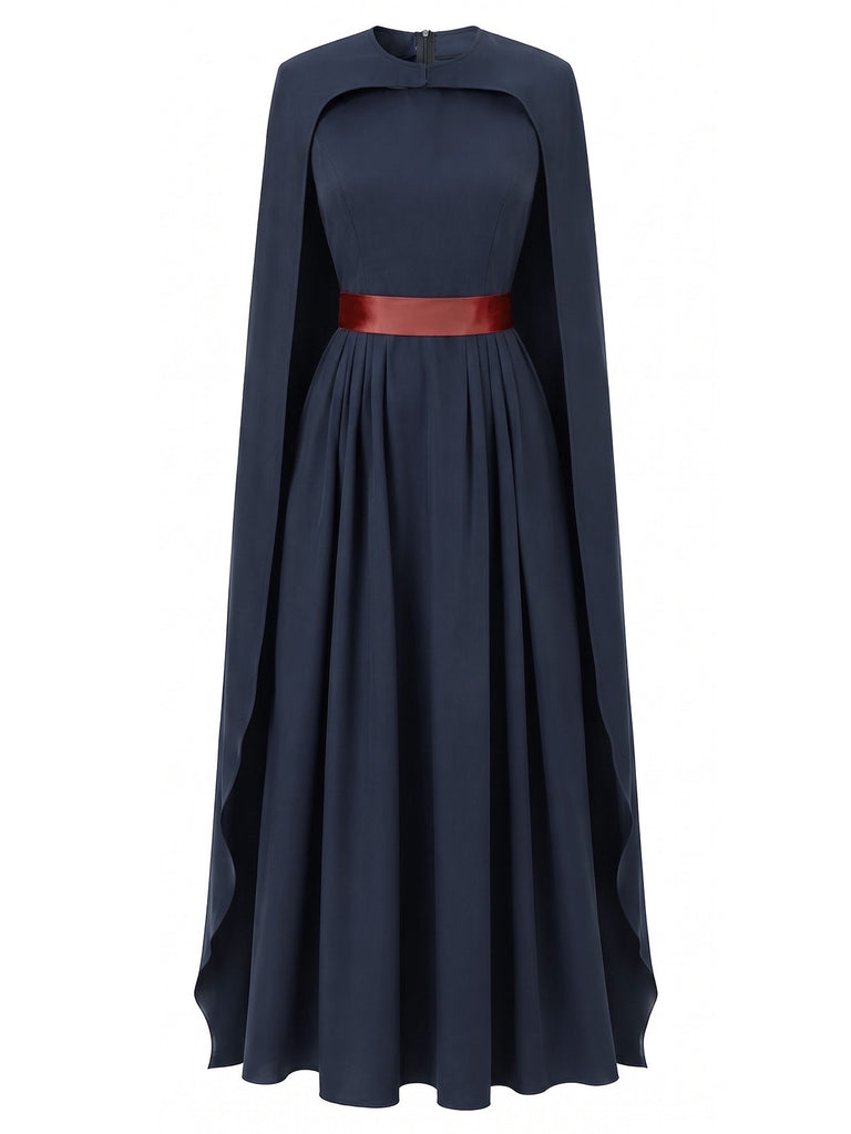 Navy Blue 1970s Queen Cosplay Pleated Dress with Cape