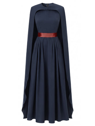 Navy Blue 1970s Queen Cosplay Pleated Dress with Cape