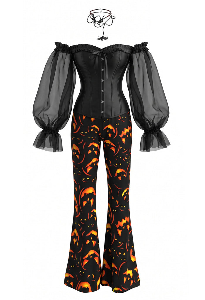 2PCS 1970s Gothic Off Shoulder Sheer Corset & Pumpkin Pants