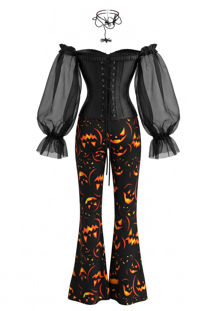 2PCS 1970s Gothic Off Shoulder Sheer Corset & Pumpkin Pants
