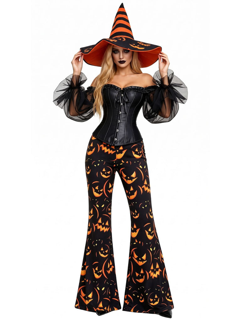 2PCS 1970s Gothic Off Shoulder Sheer Corset & Pumpkin Pants