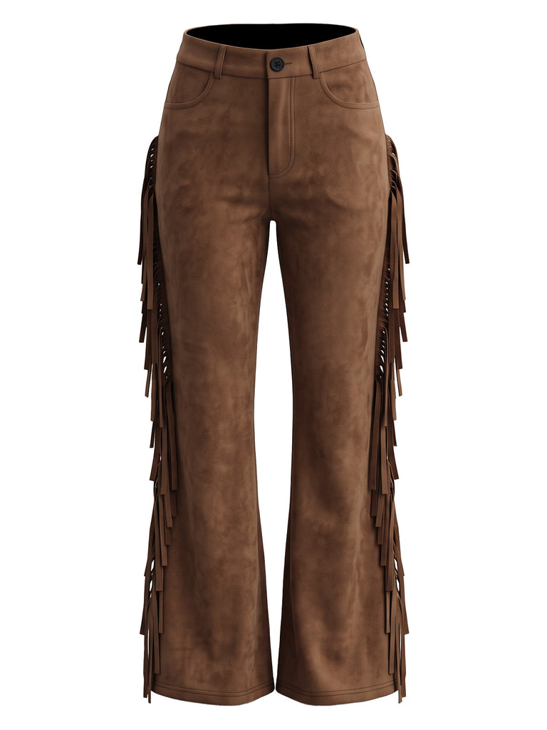 Western Fringe Faux Suede Flared Pants 1
