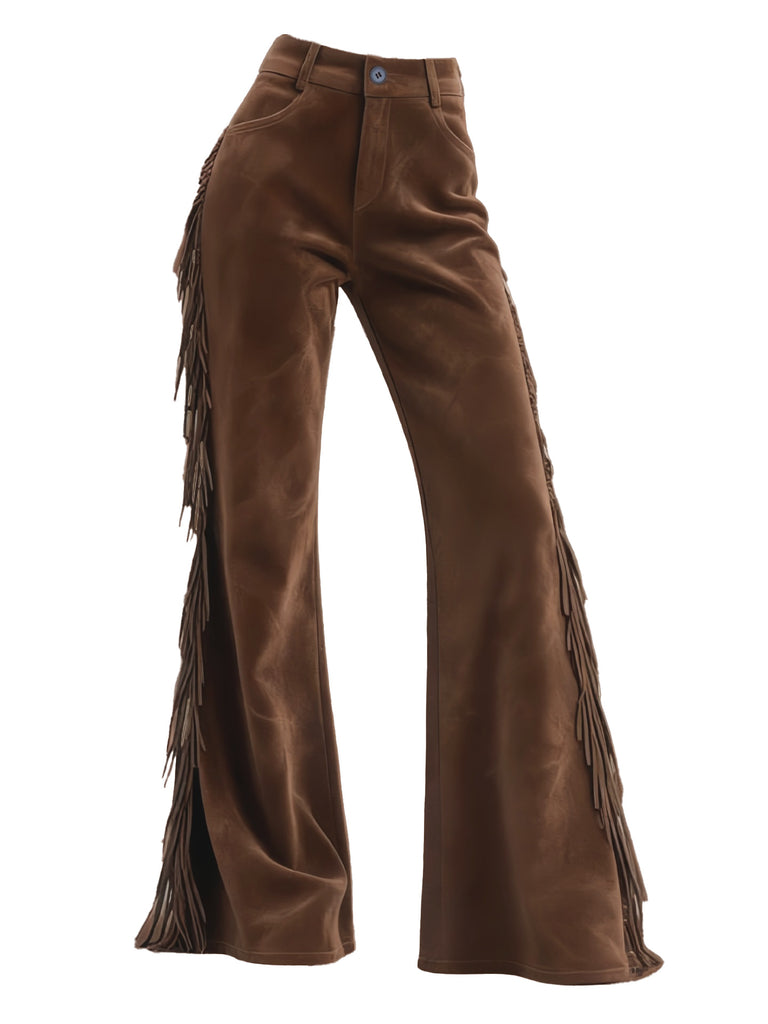 Western Fringe Faux Suede Flared Pants 2