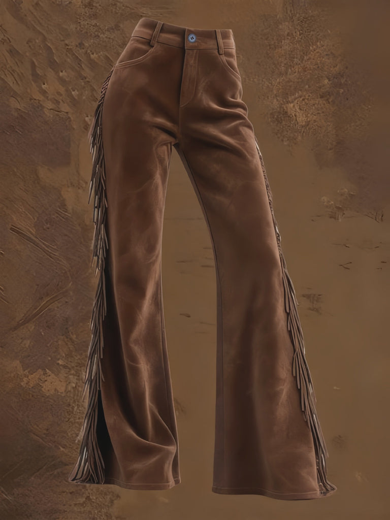 Western Fringe Faux Suede Flared Pants 4