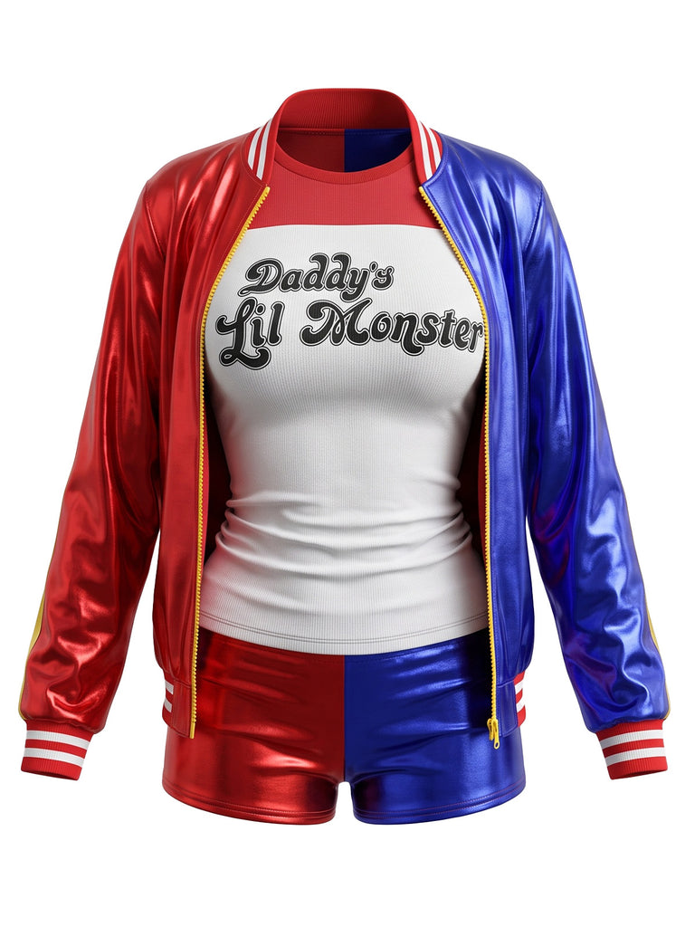 Red & Blue 1980s Metallic Letter Print Jester Costume Set