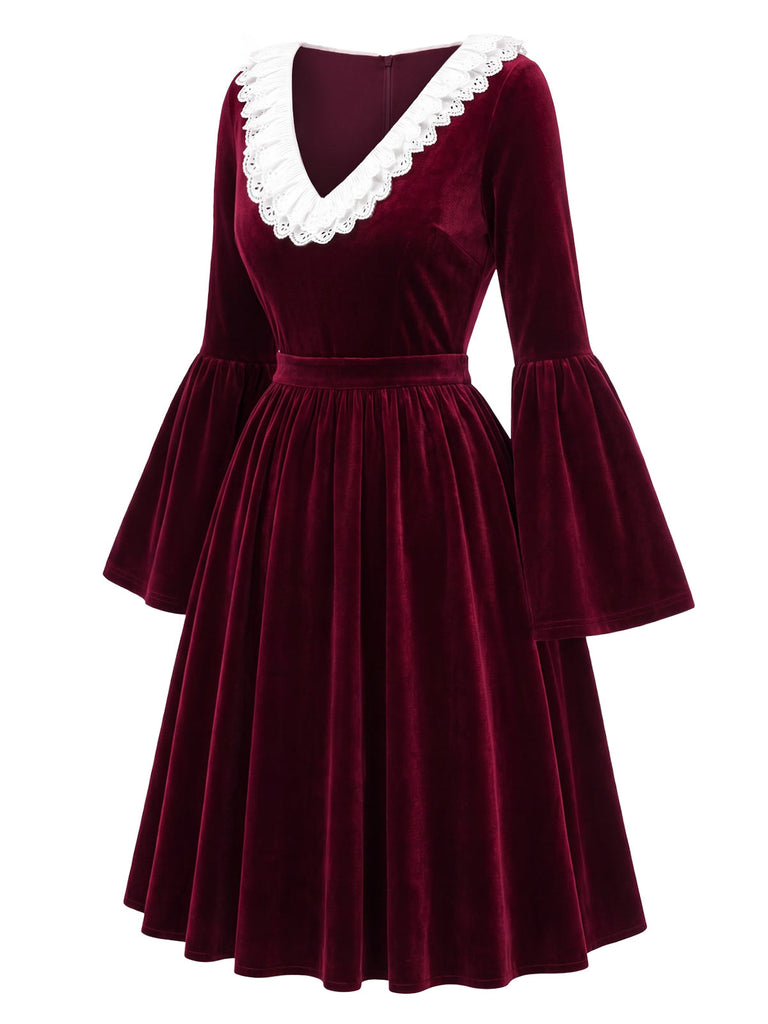 [Pre-Sale] 1950s Wine Red Velvet Ruffle Midi Dress 4