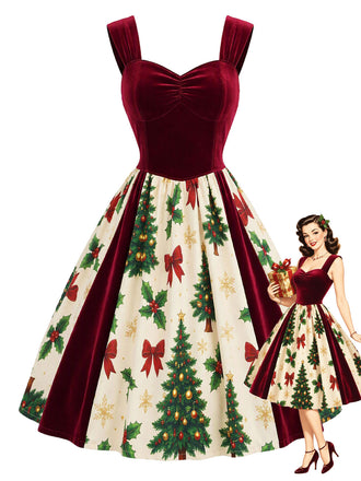 [Pre-Sale] Wine Red 1950s Velvet Christmas Tree Print Dress