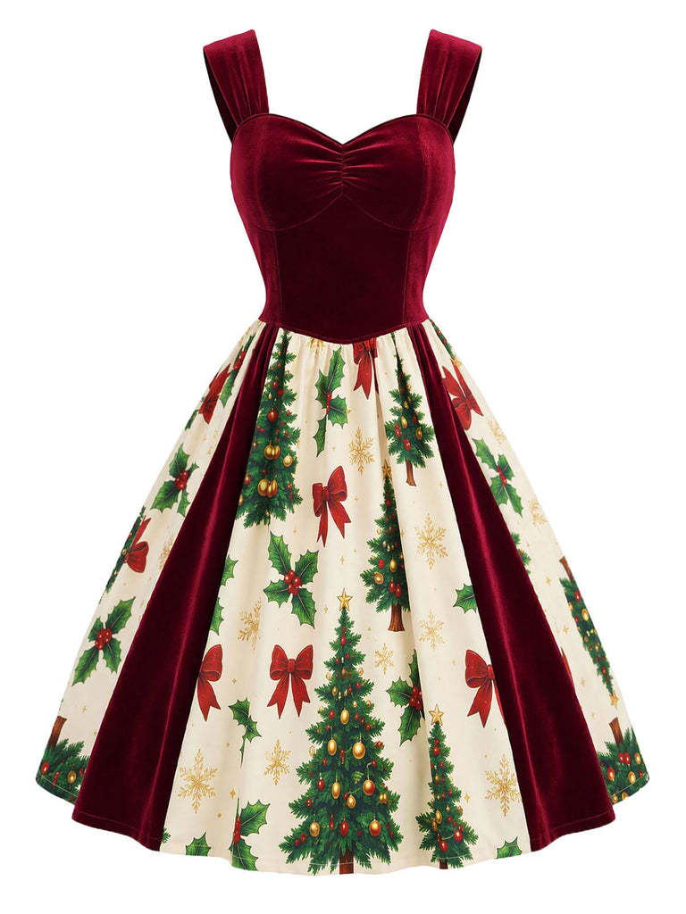 [Pre-Sale] Wine Red 1950s Velvet Christmas Tree Print Dress