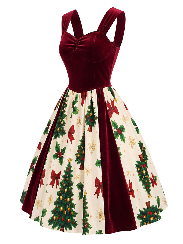 [Pre-Sale] Wine Red 1950s Velvet Christmas Tree Print Dress