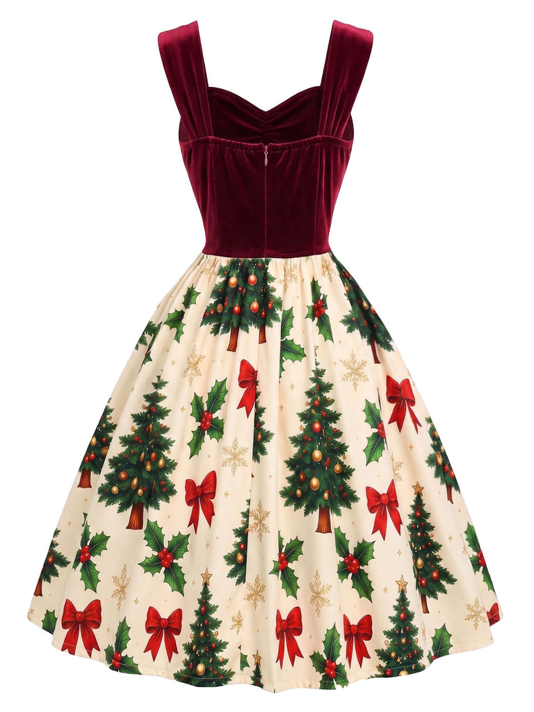 [Pre-Sale] Wine Red 1950s Velvet Christmas Tree Print Dress