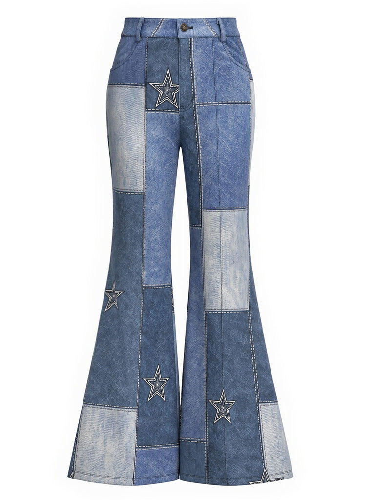 [Pre-Sale] 1970s Faux Suede Star Fringe Jacket & Denim-Print Flared Pants