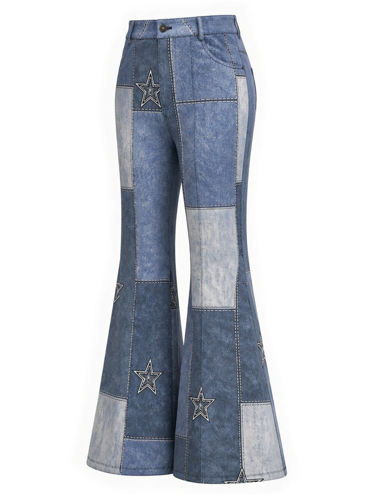 [Pre-Sale] 1970s Faux Suede Star Fringe Jacket & Denim-Print Flared Pants