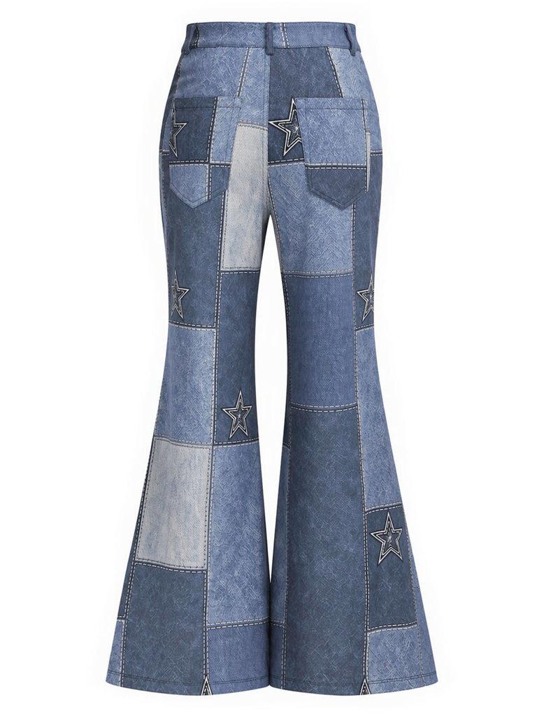 [Pre-Sale] 1970s Faux Suede Star Fringe Jacket & Denim-Print Flared Pants