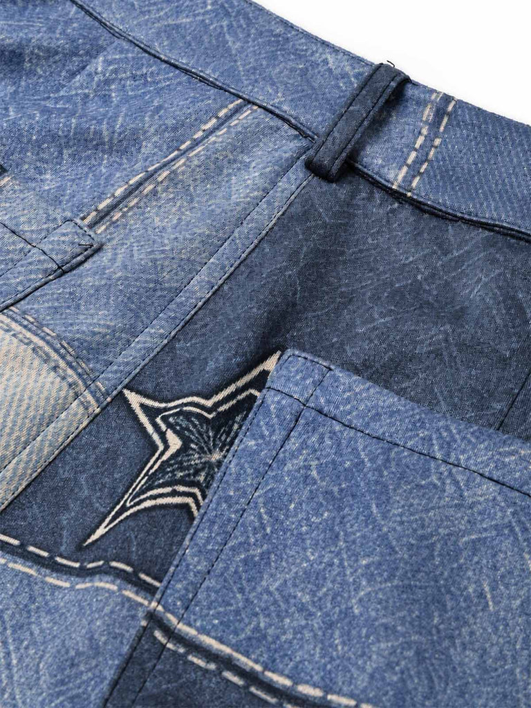 [Pre-Sale] 1970s Faux Suede Star Fringe Jacket & Denim-Print Flared Pants