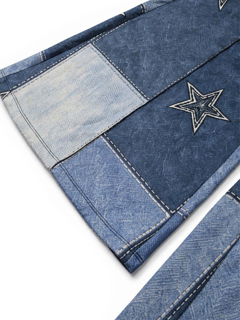 [Pre-Sale] 1970s Faux Suede Star Fringe Jacket & Denim-Print Flared Pants
