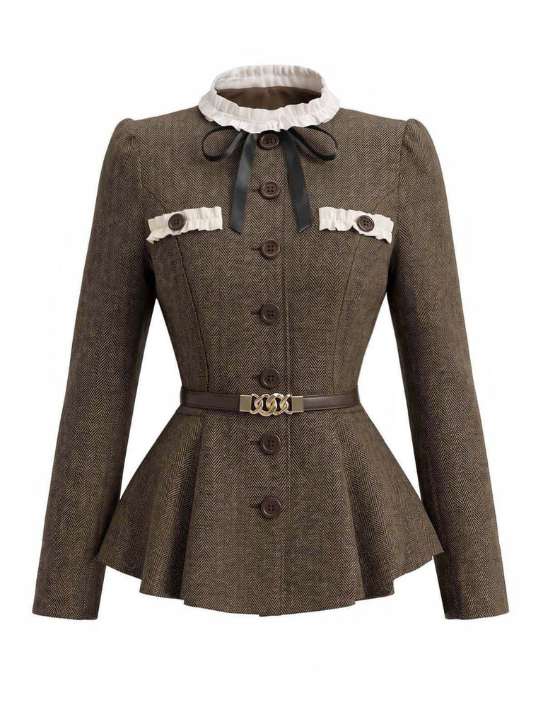 [Pre-Sale] 2PCS 1940s Herringbone Stand Collar Ruffled Jacket & Pencil Skirt