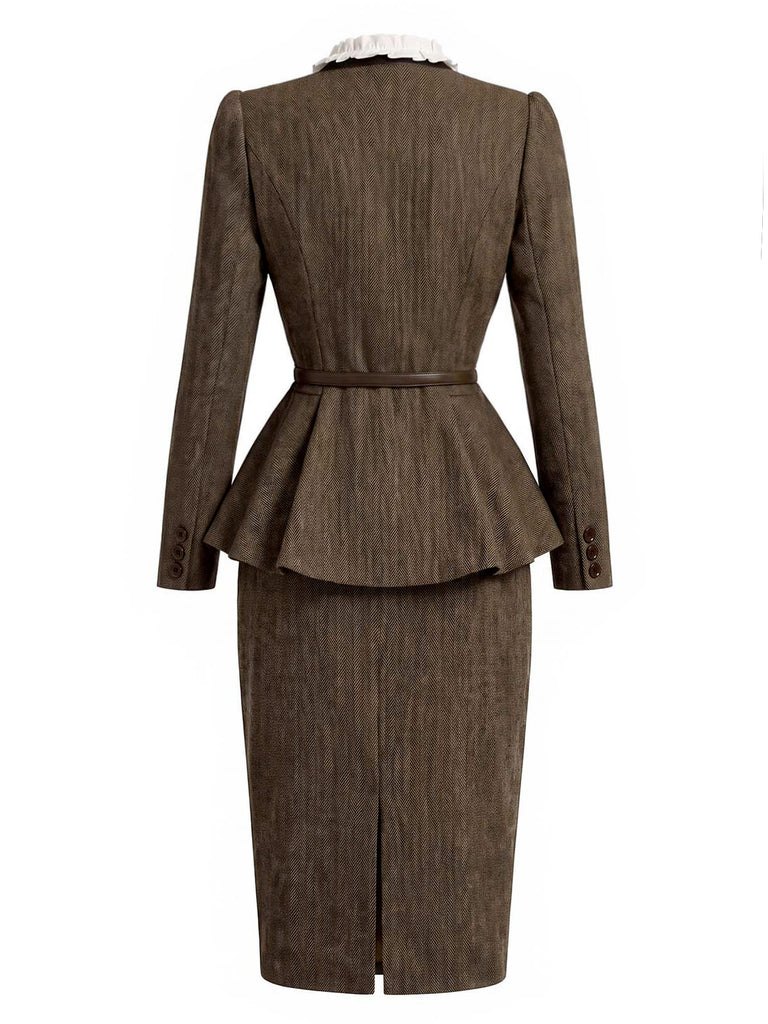 [Pre-Sale] 2PCS 1940s Herringbone Stand Collar Ruffled Jacket & Pencil Skirt