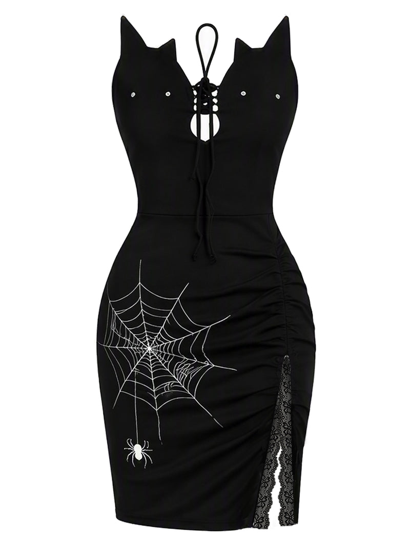 black spider web dress Pre-Sale] 1960s Asymmetrical Neck Print Slit real spider web dress