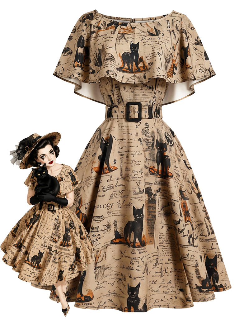 Khaki 1950s Cat Newspaper Print Capelet Belted Swing Dress