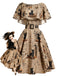 Khaki 1950s Cat Newspaper Print Capelet Belted Swing Dress