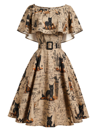 [Pre-Sale] Khaki 1950s Cat Newspaper Print Capelet Belted Swing Dress