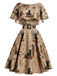 Khaki 1950s Cat Newspaper Print Capelet Belted Swing Dress