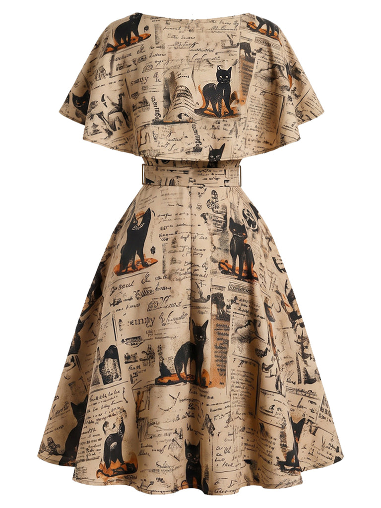 Khaki 1950s Cat Newspaper Print Capelet Belted Swing Dress
